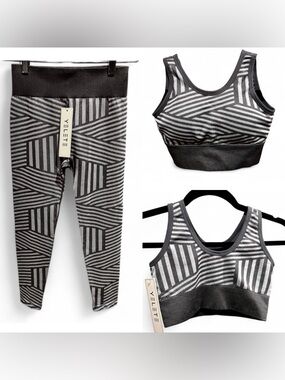 Yelete Black/Gray Geometric 2pc Leggings & Sports Bra SET